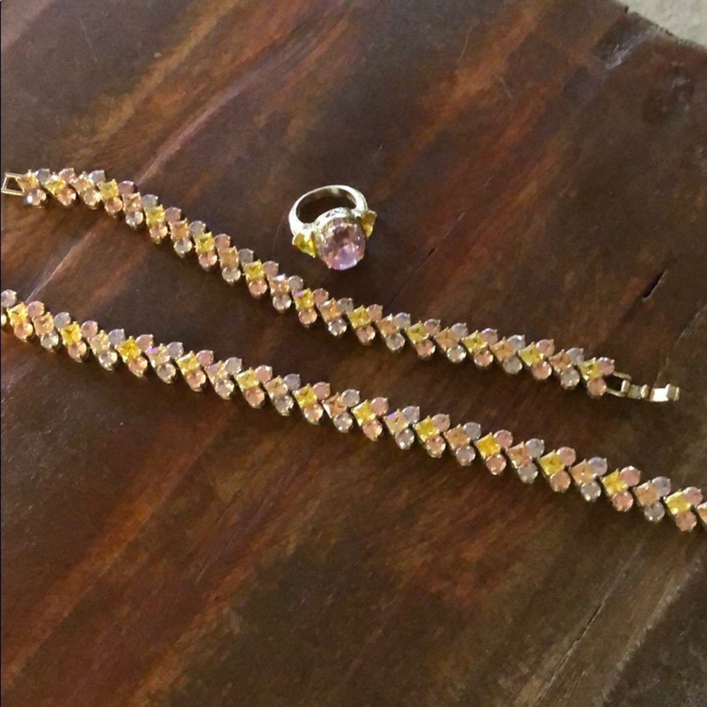 Crystal gems necklace bracelet set with ring
